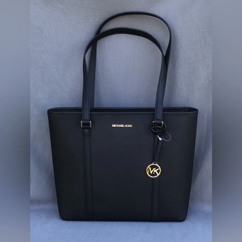Michael Kors Black Leather Tote with Gold Logo Charm